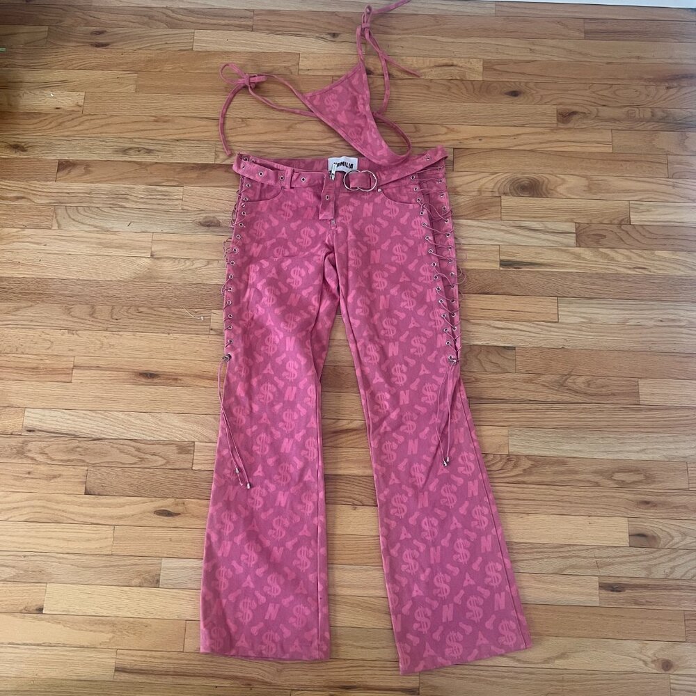 Namilia Pink Monogram Denim Low Cut Lace Up Pants Jean NWT Medium